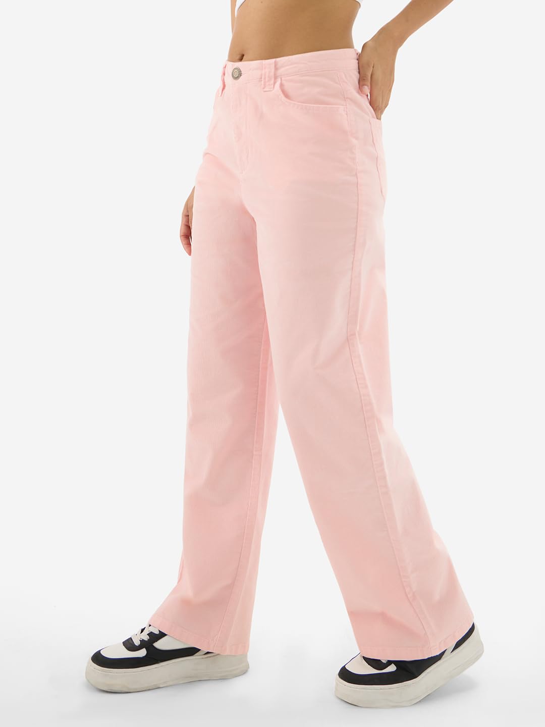 The Souled Store Peachy Pink Women and Girls Buttoned Cotton Blend Straight Fit Corduroy Pants