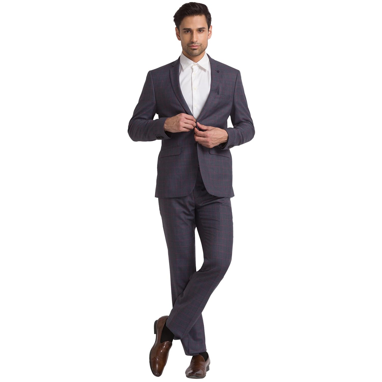 Raymond Men Slim Fit Checks Pattern Poly Wool Blend Notch Lapel Flat Front Formal Suit (Size: 104)-RMDS02113-G8 Dark Grey