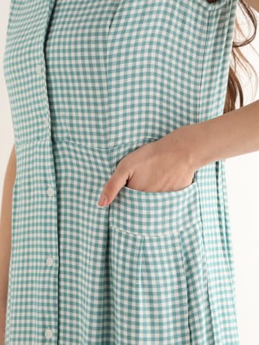 Hancock Women Green & White Gingham Checked Lapel Collar Pure Cotton Shirt Style Midi Dress