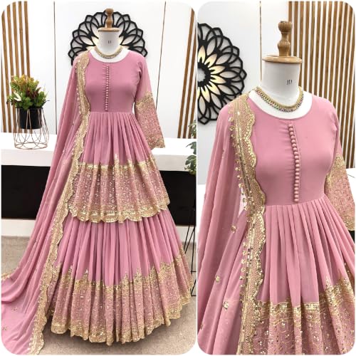 Women's Pink Georgette Tiered Anarkali Gown with Dupatta | Women's Pink Georgette Tiered Anarkali Gown with Dupatta