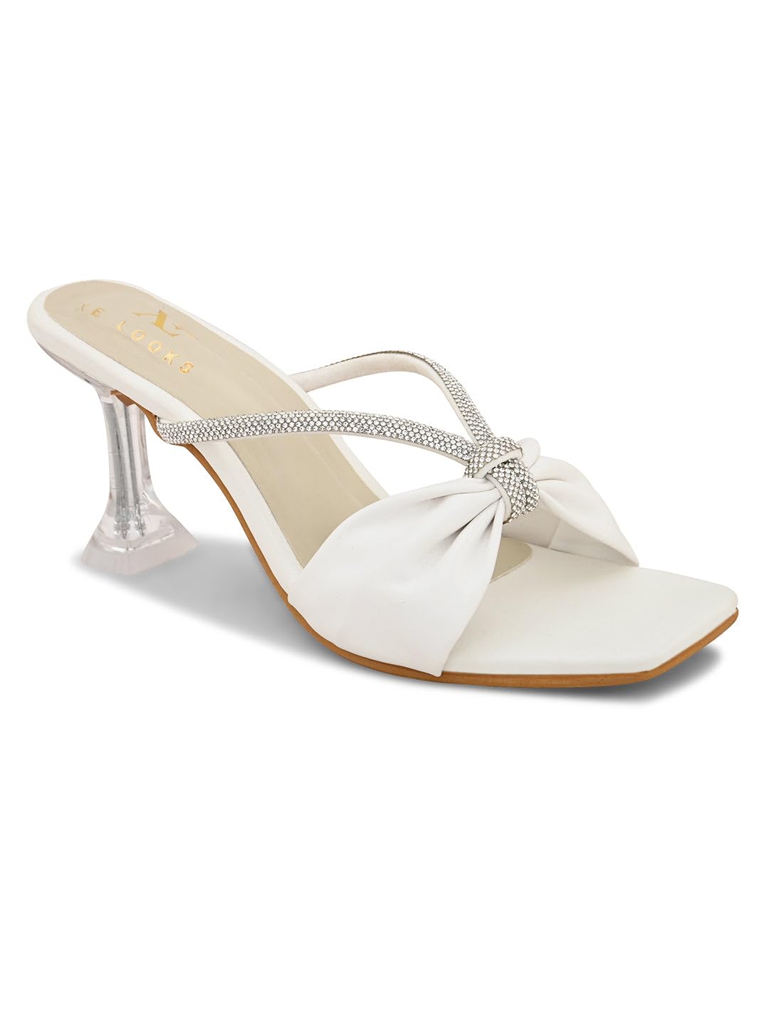 XE Looks Women's White Stylish Knot Bow Slip-On Sandals | Crystal Embellished Straps with Clear Heels | Rhinestone Strap With Transparent Block Heels For Girls & Women