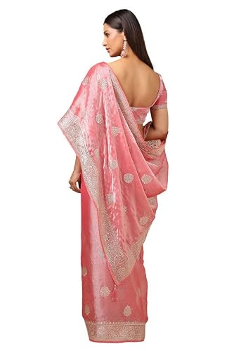 Soch Womens Peach Organza Embroidered Saree With Stone Work