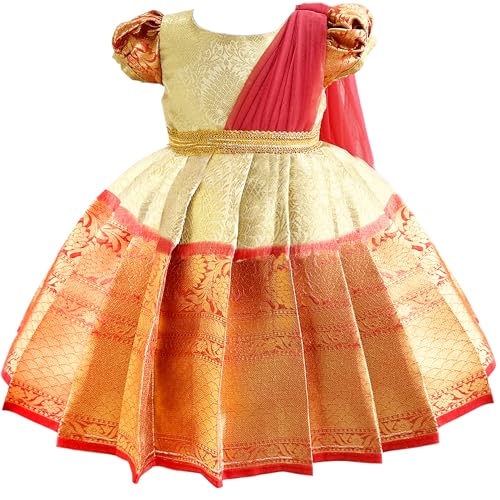Stanwells Kids Gold & Peach Banarasi Silk Saree Frock for Baby Girls – Ethnic Wear for Festivals, Weddings & Birthday Parties (1-2 Years)