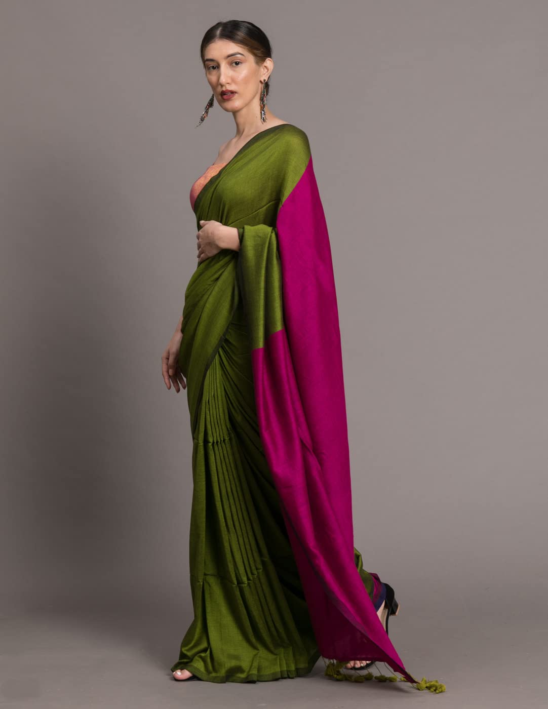 Suta Women's Plain Cotton Blend Saree with Blouse Piece | Dual Tone Saree | Green Saree | Pink Saree