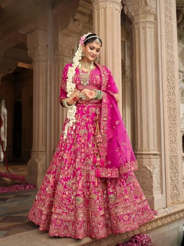 Traditional Bridal Lehenga Choli with Gold Embroidery, Hot Pink, Heavy Zari Work with Dupatta (Pink, XL)