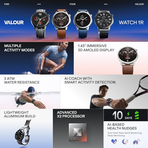 boAt Valour Watch 1 R, AI Smart Habit Builder, 1.43" 3D Immersive AMOLED Display, 1000 nits, Light-Weight Aluminium Build 3 ATM, 10 Days Battery Life, Smart Watches for Man (Imperial Leather)
