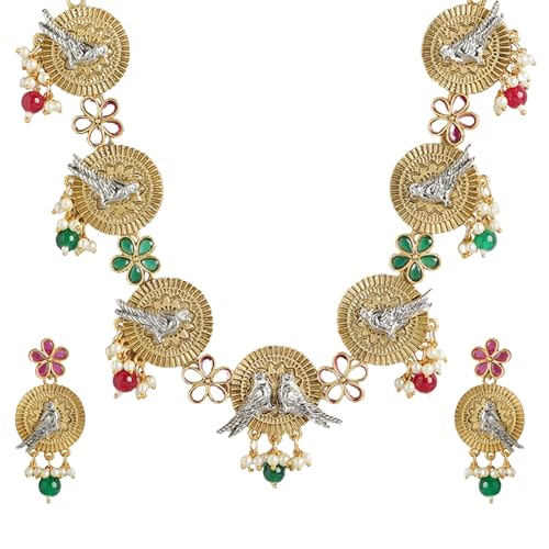 Mansiyaorange Two-Tone Plated Ruby Pearls Studded Bird Choker Necklace and Earrings Jewelry Set For Women Girls