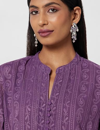 Soch Womens Purple Paisley Embroidered Mandarin Collar Georgette Kurta