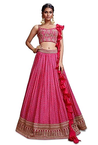 Zeel Clothing Women's Bandhani Print & Heavy Embroidery Silk New Semi Stitched Lehenga Choli With Dupatta (101-Pink-Wedding-Stylish-Lehenga-Choli; Free Size)