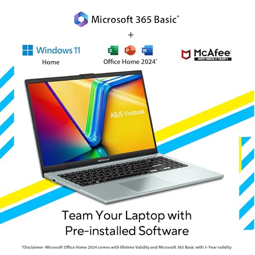 ASUS Vivobook Go 15 (2026), AMD Ryzen 3 7320U, AMD Radeon iGPU,8GB, 512GB, FHD, 15.6", (39.6 cm),Windows 11, M365 Basic(1 Year)* Office 2024, Green Gray, 1.63 Kg, E1504FA-BQ2323WS, Thin & Light Laptop