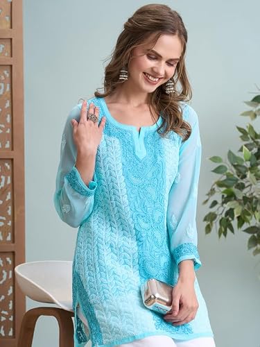 Ada Hand Embroidered Lucknowi Chikankari Georgette Short Kurti Top Tunic for Women A911519 Blue (L)
