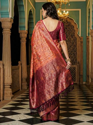 AKHILAM Women's Pink Kanjeevaram Silk Ethnic Motif Printed Saree With Unstitched Blouse Piece (23ALEKHA2303_AI)