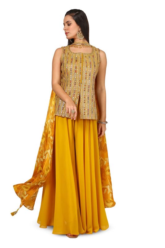 Soch Womens Mustard Georgette Blend Embroidered Suit Set With Sequins