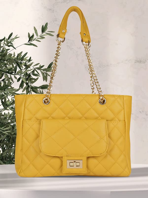 MINI WESST Women's Solid Yellow Synthetic Leather Tote Bag for Office, College and Party (MWHB093YL)