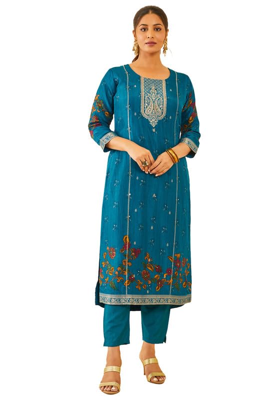 Soch Womens Blue Floral Print Brocade Suit Set with Dupatta