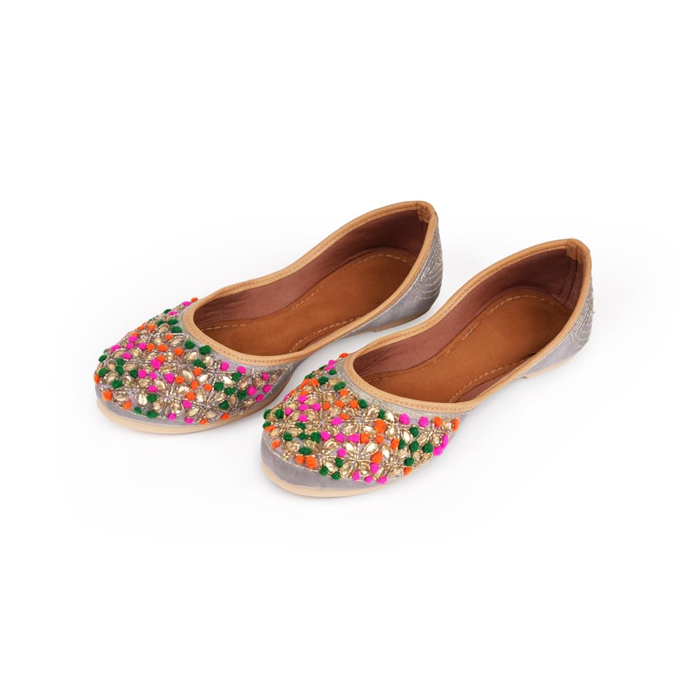Indifeet � Jutti for Women, Punjabi Juti mojaris, Stylish mojri Footwear, New Juttis Ethnic Traditional Girls Rajasthani Ladies Shoes Jaipuri Wedding Bridal mojdi Grey Multicolor (8)