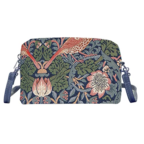 Signare Tapestry Small Crossbody Bag for Women Pouch Bag in Strawberry Thief Blue Design (HPBG-STBL)