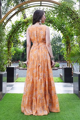 ODD BY chansi TRENDZ Women's Sleeveless Printed Maxi Gown, Beige Floral Pattern, Floor Length Dress (in, Alpha, M, Regular, Orange)