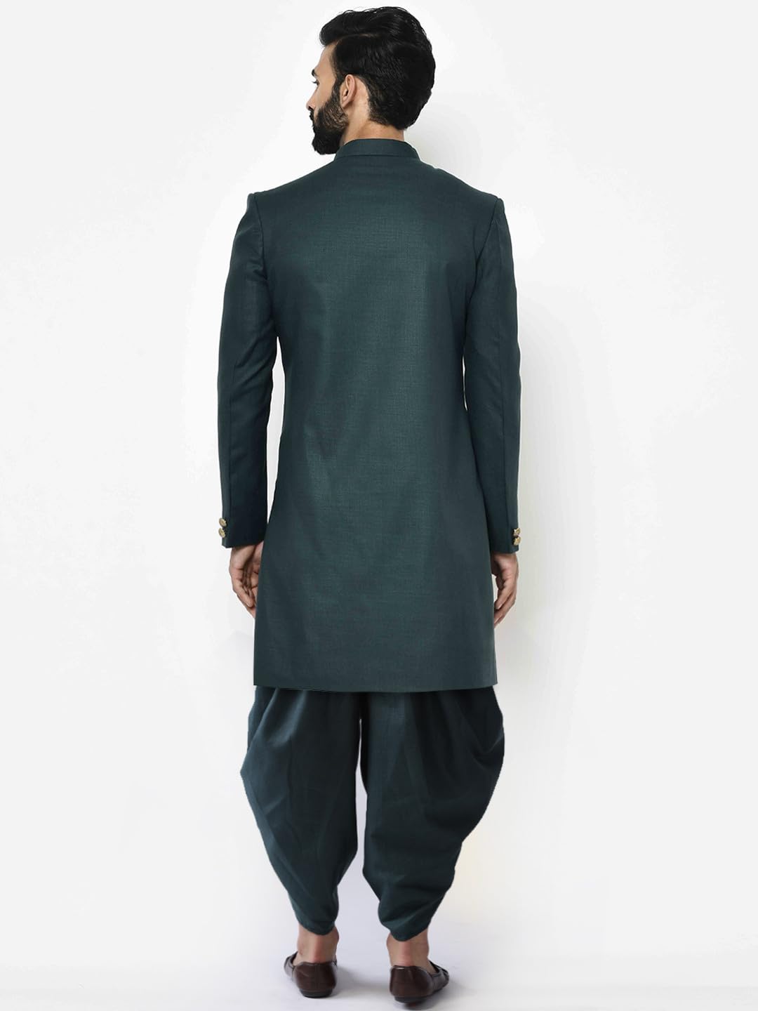KISAH Men's Indo-Western Sherwani Dhoti Set, Green Cotton Blend, Solid Dyed Regular Fit Long Sleeves Mandarin Collar (42)