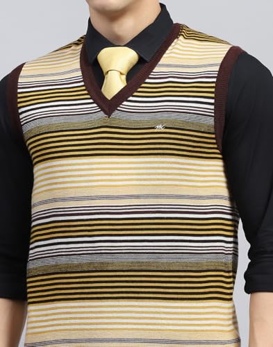 Monte Carlo Mens Yellow & Brown Striped V Neck Sleeveless Sweater (1239371SL-2-42)