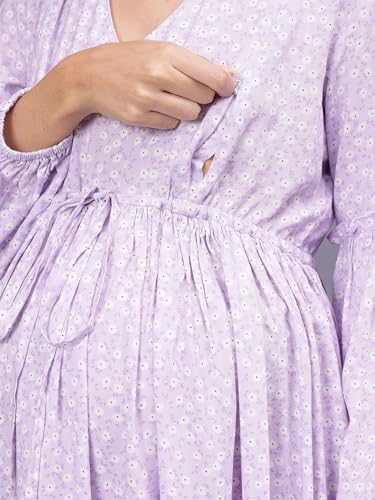 Miga Women's Maternity Dress with V Neck and Feeding Zipper, Pocket and Adjustable Tie-Knot Waist, Puff Sleeve Lilac