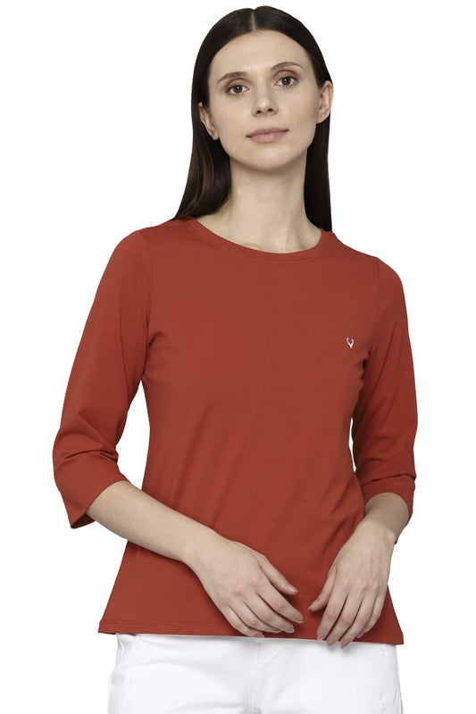 Allen Solly Women's Solid Regular Fit T-Shirt (AHKCCRGF904453_Rust XS)