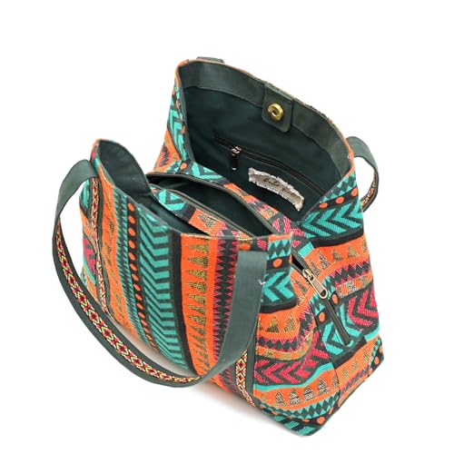 Boho Girl Women Multicolor Jacquard Fusion Tote (Green Multi)