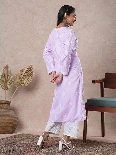 Ada Hand Embroidered Lucknowi Chikankari Cotton Kurta Kurti for Women A411691 Mauve (4XL)