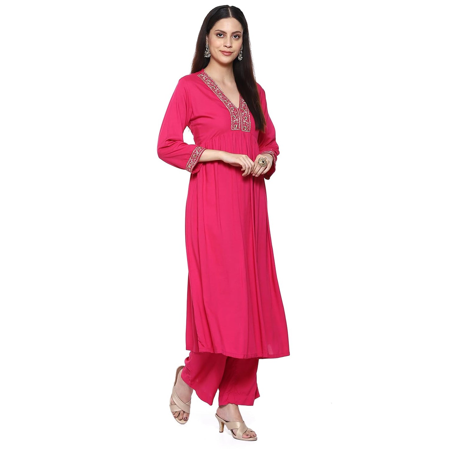 BIBA Cotton Blend Women's Solid Gathered Salwar Kurta Dupatta(Skdassorted8909_Fuchsia_38)