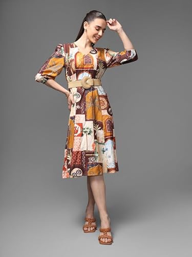 Kazo Souks Midi Dress with Belt (Brown_L)