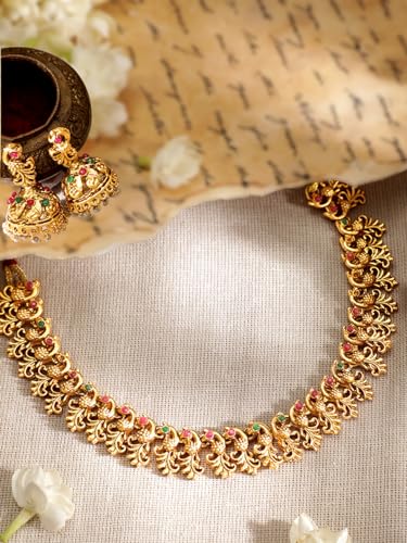 Rubans 22k Gold-Plated Red & Green Stone Studded Handcrafted Traditional Temple Jewellery Set For Women