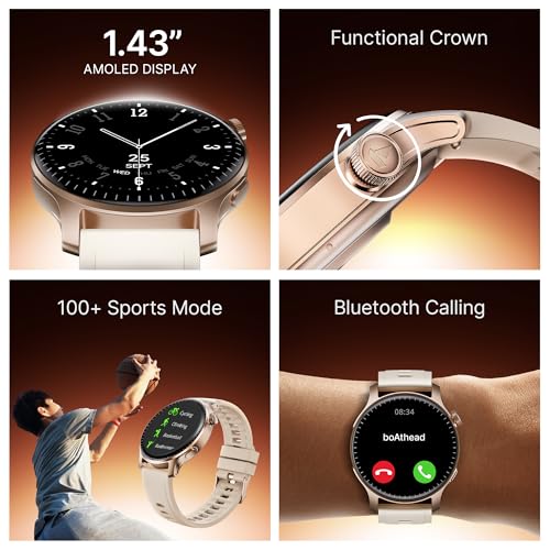 boAt Ultima Prime smartwatch with 1.43” AMOLED Display, AOD, Personalized Fitness Nudges, Functional Crown,100+ Sports Modes, Create Your Own Watchface, smartwatch for man and Woman (Rose Gold)