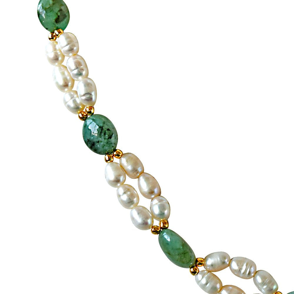 Surat Diamonds Real Natural Oval Emerald, Rice Pearl & Gold Plated Beads Necklace & Earring Set for Women (SN681)