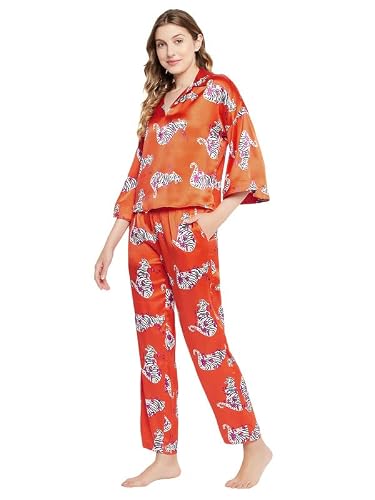 Clovia Women's Satin Animal Print Satin Shirt & Pyjama Set (LS0649P16_Olive_M)