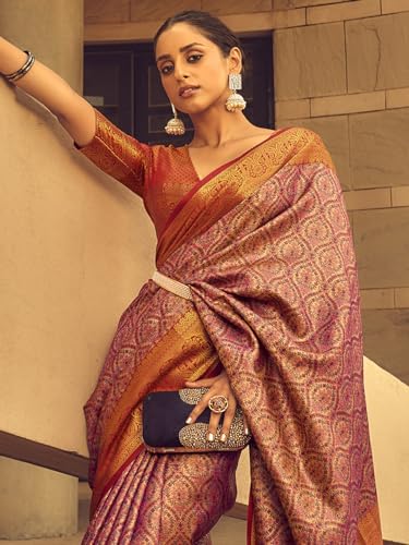 AKHILAM Women's Banarasi silk Ethnic Motif Printed Saree With Unstitched Blouse Piece(Mauve_KINKHAB1204_RJ)