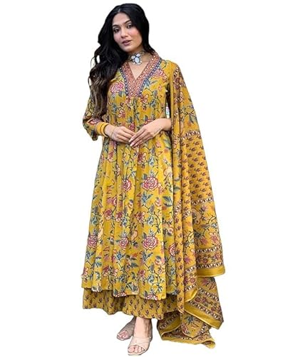 Avayayat Women's Rayon Anarkali Printed Kurta Set with Pant and Dupatta, A-Line Design, 3/4 Sleeves, Comfortable Ethnic Wear for Festive, Casual, Office & Wedding Occasions Yellow (Yellow, XL)