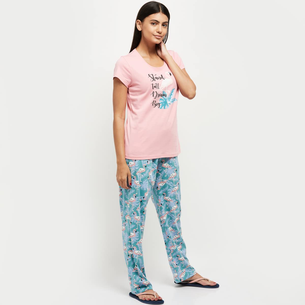 Max Women Printed Round Neck T-Shirt with Elasticated Pyjamas (SU22OTS10PINK)_M
