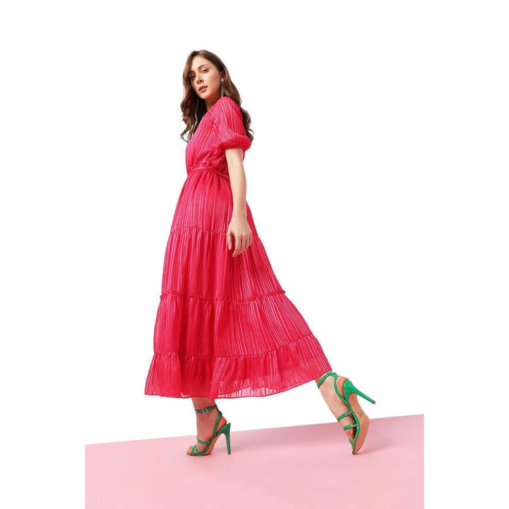 VERO Moda Solid Polyester V Neck Women's Maxi Dress (Pink, XS)