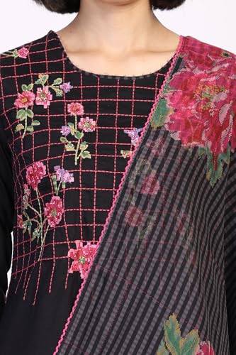 W for Woman Floral Embroidered Straight Woven Kurta with Pant and Dupatta Set - Black (WS12972-223738-XL)