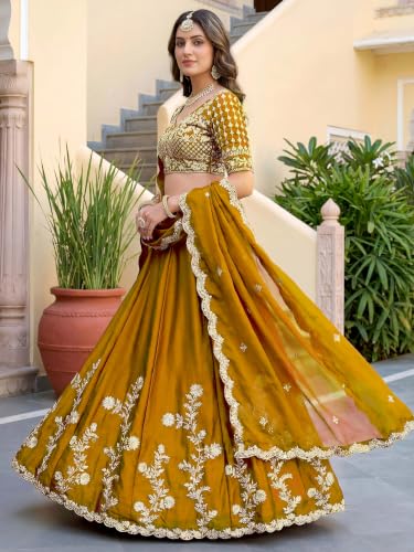 Zeel Clothing Women's Thread and Sequins Embroidered Work Silk Lehenga Choli With Dupatta (5135-Yellow-Women-Lehenga-Choli-Latest; Free size) (Yellow)