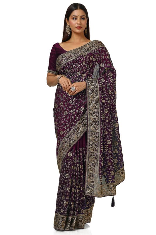 Soch Womens Wine Tussar Embroidered Saree With Tassels