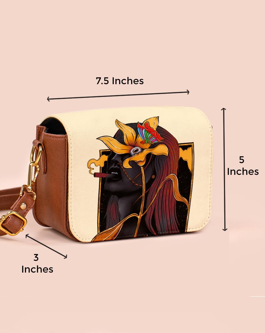 Kalankit Shoulder Bag for Woman | Vegan Leather Sling Bags for Women | Compact Crossbody Purse, Stylish Side Sling Bag & Valentine Gift for Girlfriend | Sunflowers & Cigars