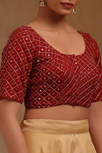 Soch Womens Maroon Georgette Embroidered Padded Blouse with Faux Mirror
