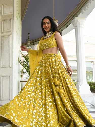 Zeel Clothing Women's Georgette Semi-Stitched Sequins Thread Embroidered Lehenga Choli With Dupatta (7084-Mehndi--Lehenga-Choli-Latest,Free size)