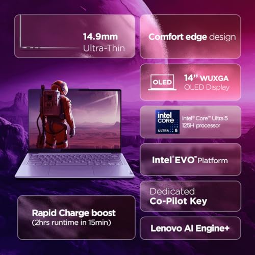 Lenovo Smartchoice Yoga Slim 7 Intel Core Ultra 5 125H Built-in AI 14"(35.5cm) WUXGA-OLED 400Nits Laptop (16GB/512GB SSD/60Hz/100% DCI-P3/Win11/MSO 21/1Yr ADP Free/Alexa/Grey/1.39Kg), 83CV003MIN