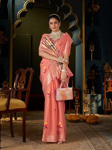 SWORNOF Women's Linen Cotton Silk Saree with Unstitched Blouse Piece | Saree for Women | Saree with Blouse Piece | Soft and Skin Friendly (ORANGE1)