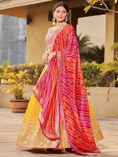 Zeel Clothing Women's Real Mirror Work Georgette New Semi-Stitched Lehenga Choli With Dupatta (5077-Yellow-Pink-Wedding-Designer-New; Free Size)