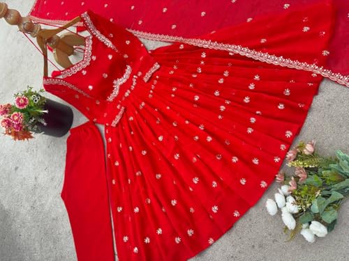 SAMUYA Elegant Red Anarkali Dress with Silver Embroidery, Traditional Indian Wedding Gown, Floor Length Ethnic Wear with Dupatta (in, Alpha, 2XL, Regular)