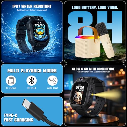 PunnkFunnk Kids Smart Watch with Camera & Fitness Tracker + Bluetooth Karaoke Speaker with Dual Mic | Educational Touch Watch & RGB Music Box Combo for Boys & Girls