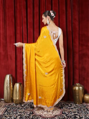 Meena Bazaar Chinon Saree For Women |MUSTARD Colour